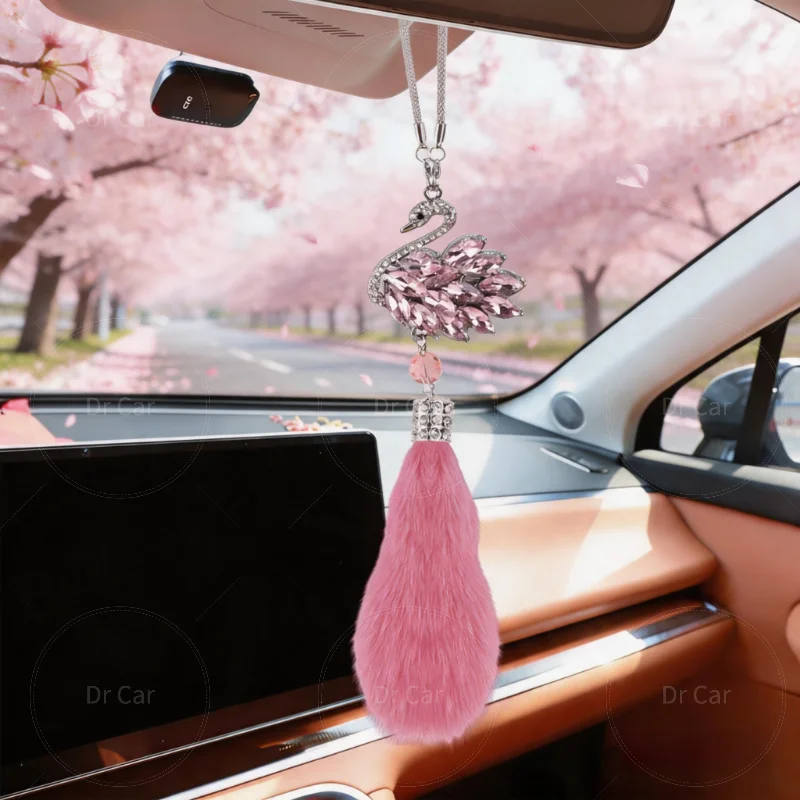 High-End Crystal Swan Car Hanging Ornament Mirror Pendant Decoration Furry Design Auto Accessory