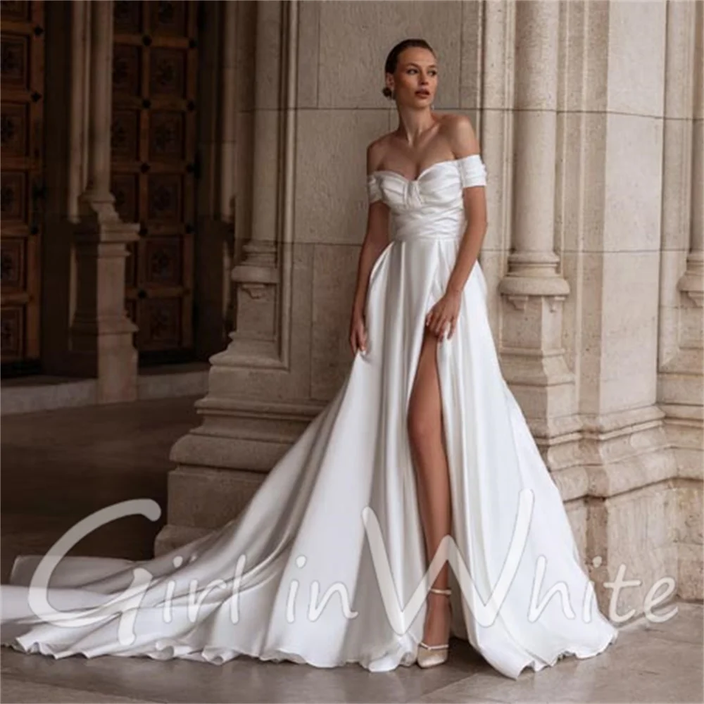 Elegante A-Linie Satin Brautkleider Sexy High Slit Brautkleider Schulterfrei maßgeschneidertes Brautkleid Vestido De Novia Robe