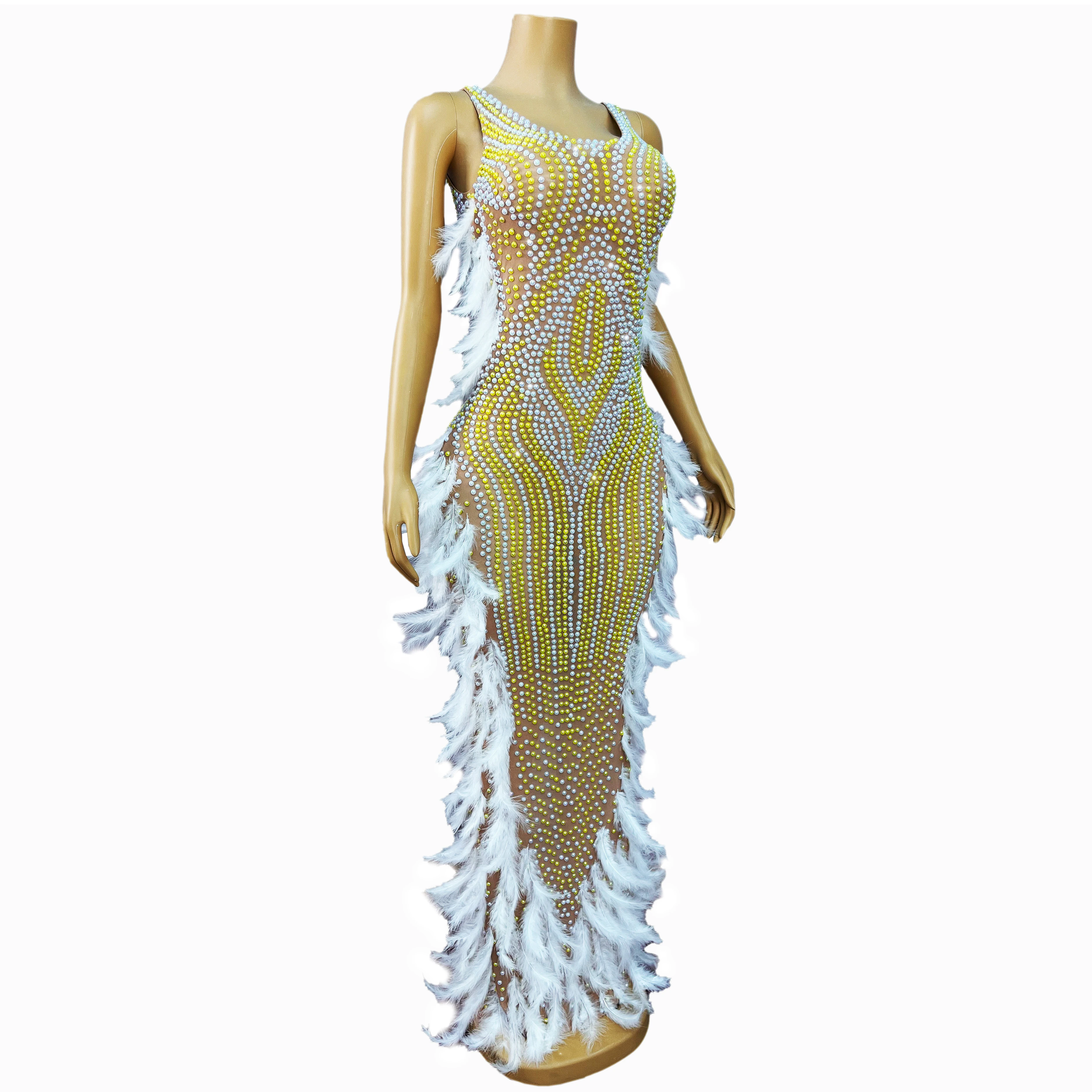 High-end Shiny Pearls Handmade Feather Mesh Dress Evening Cocktail party Elegant Gown FashionShow Red carpet Stage Outfit Zhuhai view 5