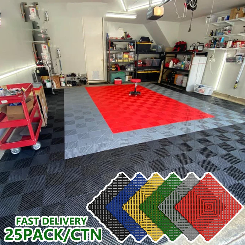 

25Pack 15.75"x 15.75"x 0.7"(Thickness) Interlocking Garage Floor Tiles, Modular Drainage Non-Slip Splicing Mat Floor Tiles
