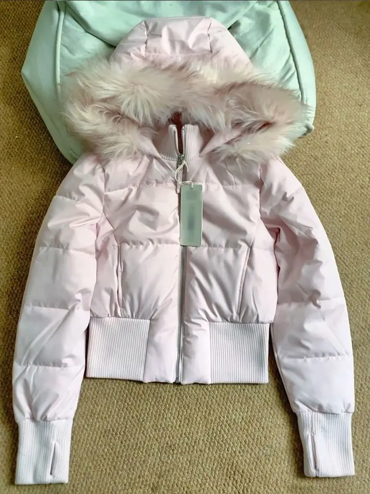

American retro gentle and sweet style pink fur collar hooded down jacket for women winter new slim fit versatile warm top