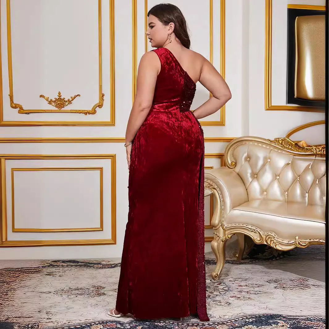 Plus Size Long Evening Dress Women Fashion Side Slit Red Sequins Splicing Dresses Slant Shoulder Sleeveless Elegant Party Gowns