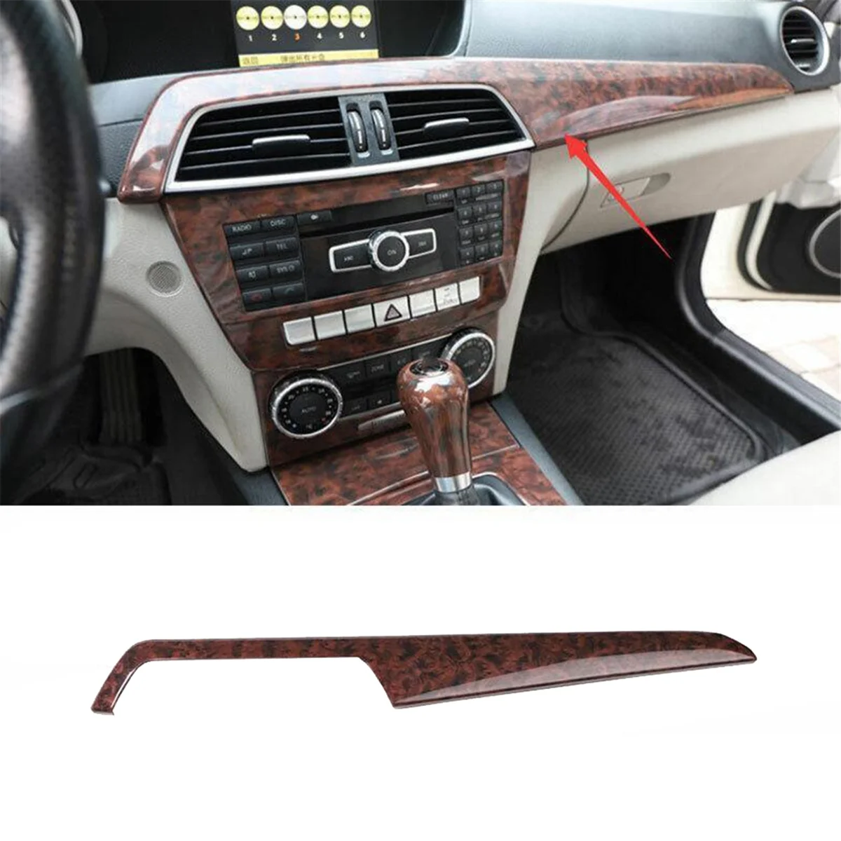 For Mercedes Benz W204 C-Class 2010-2013 Red Wood Grain Center Console Dash Stirp Trim