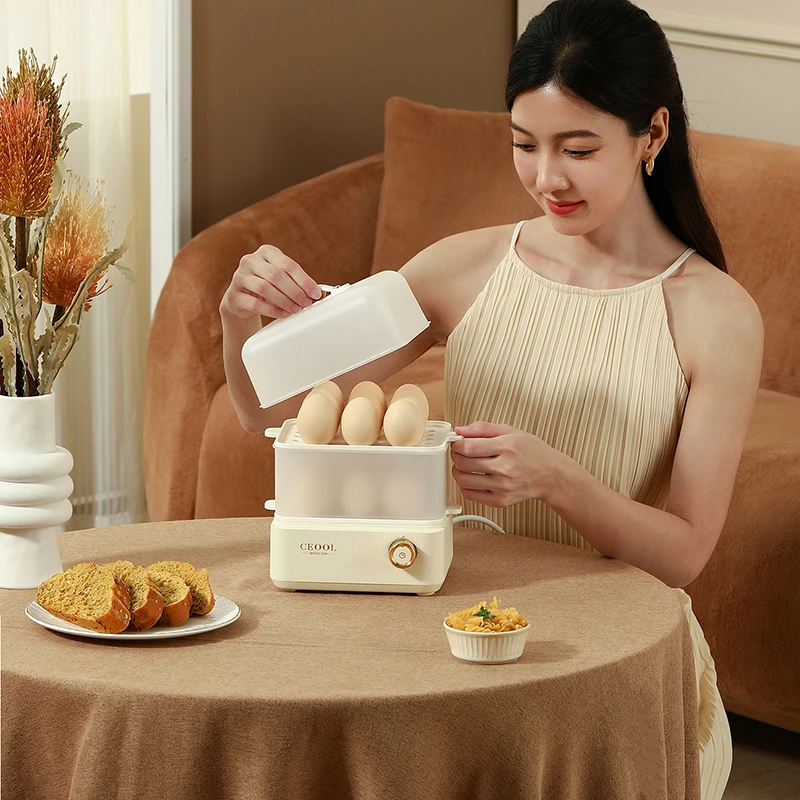 เครื่องต้มไข่ไฟฟ้าสองชั้นเครื่องต้มไข่อัตโนมัติเครื่องทำอาหารเช้าเครื่องอุ่นอาหารไข่คัสตาร์ด