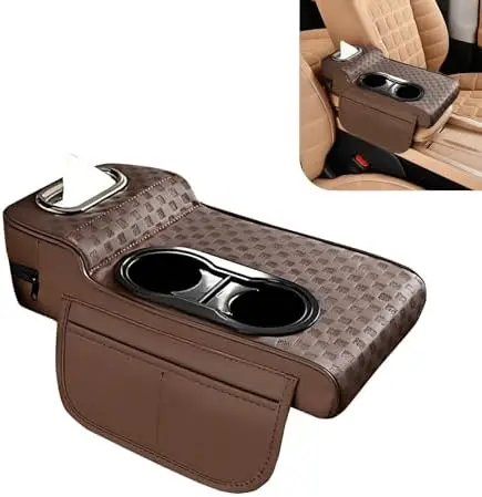 

Car Armrest Console with Cup Holders & Storage – Universal Leather Pad (Coffee)