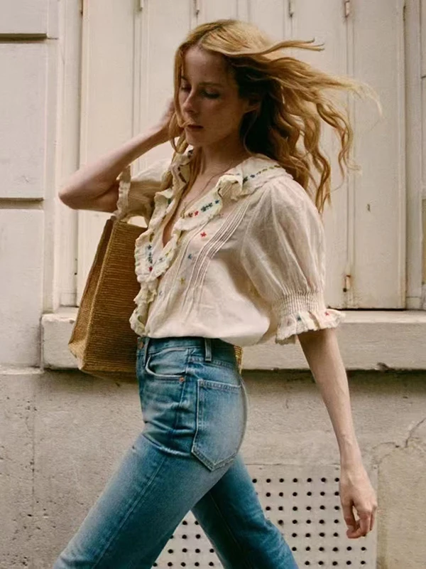 

Ele Early Autumn Cotton Blouse with Embroidered Ruffles Deep V-Ne Bubble Sves Floral Pattern for Women Breathable