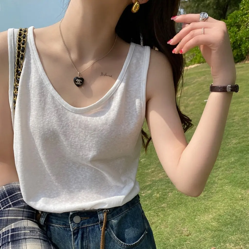 

Women's Cotton Linen Vest Camisole White Loose Sleeveless Pullover Top Summer Inner Base Layer Outerwear