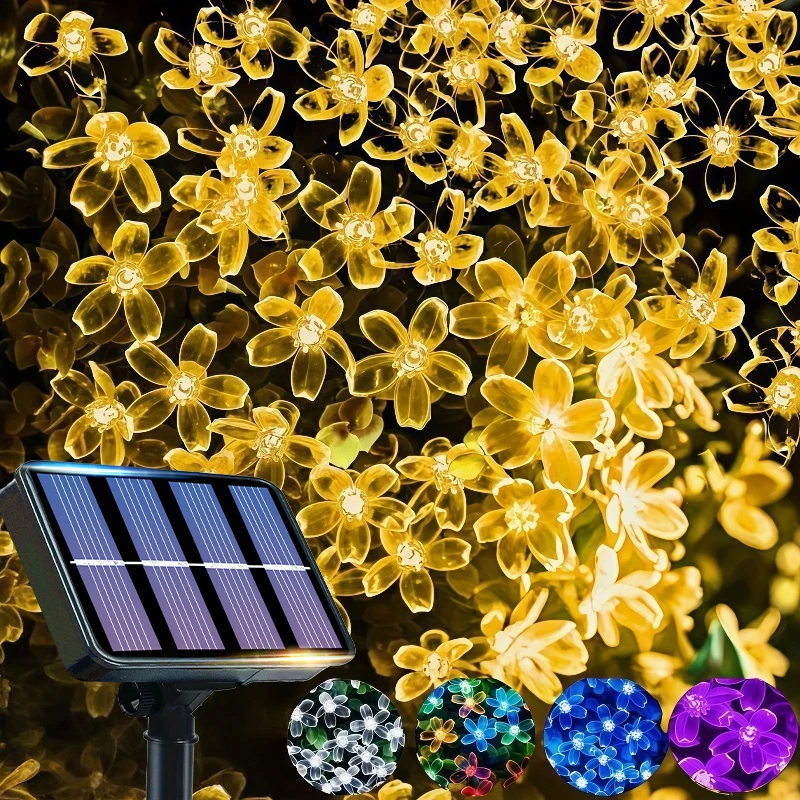 Solar Purple Cherry Blossom String Lights 8 Function, Courtyard Balcony Outdoor Camping Decoration Light String