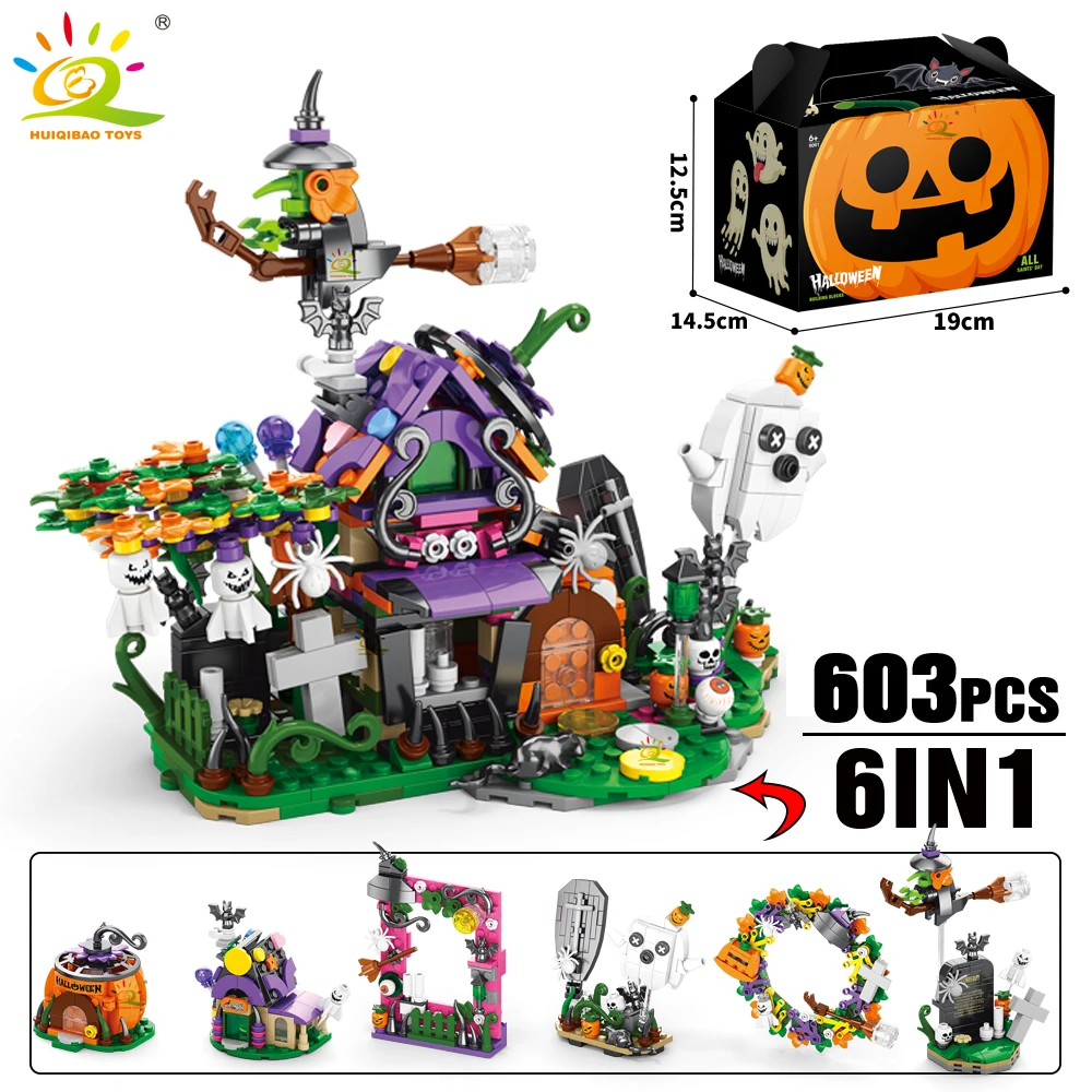 HUIQIBAO 6IN1 Halloween dom pociąg Model klocki miasto dynia duch samochód MOC zestaw klocków zabawki dla dzieci prezent dla dzieci