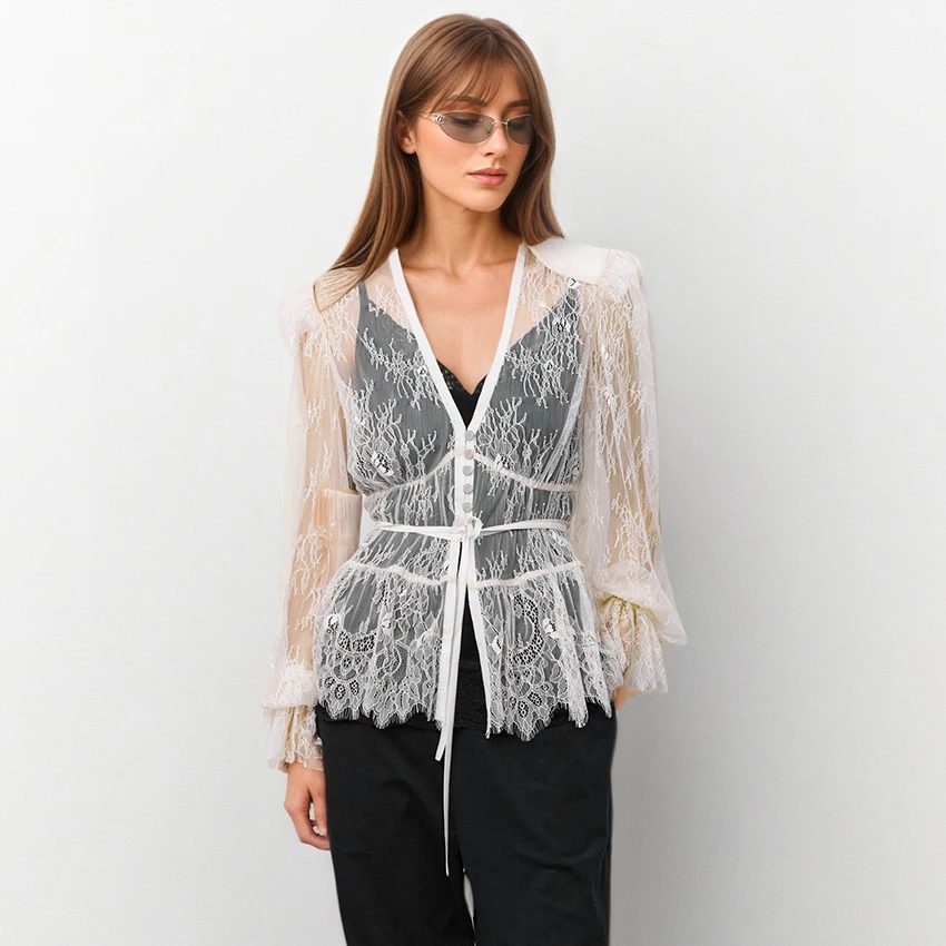 

Linad Office Lady White Embroidery Shirts Female Sexy Sheer Flare Sleeve Blouse Woman Fall Elegant V Neck Long Sleeve Tops 2026