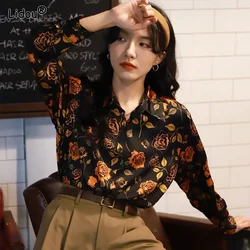 Spring Summer Loose Thin Printing Blouses Button Turn-down Collar Streetwear Fashion Vintage Graceful Fashion Women's Clothing