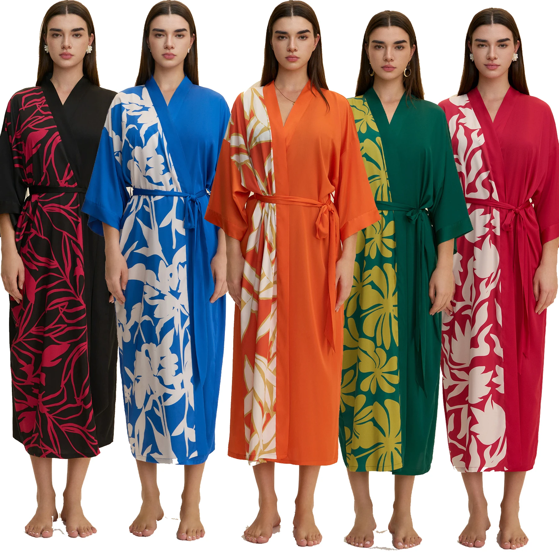 

Новый женский длинный халат, ночная рубашка, домашнее платье, роскошное кимоно с цветочным принтом, халат, свободное шелковистое атласное ночное платье, одежда для дома