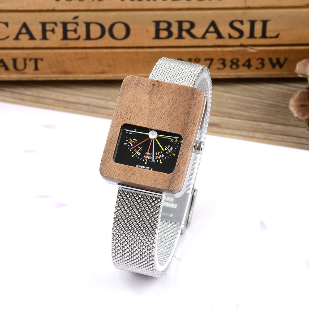 Square Ladies Quartz Watch Stainless Steel Between Wood Ladies Gift Wristwatch Elegant Design Timepiece for Women
