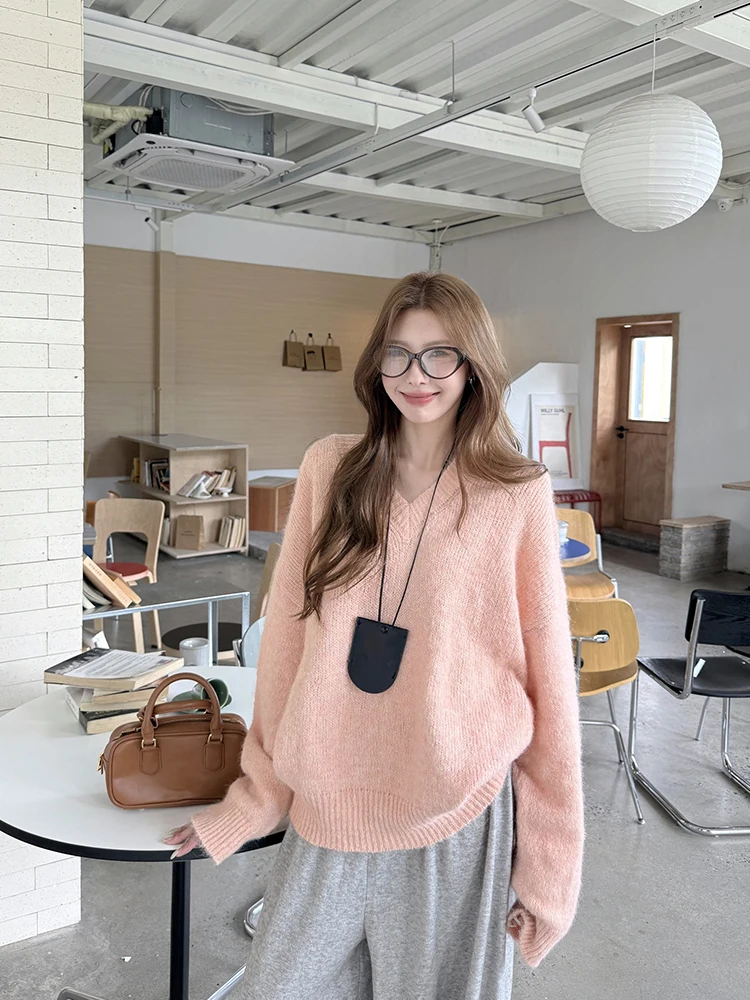 Suéter de Punto ueso y Largo con Cuello en V para Mujer, Hoado, Cómodo, Suave, Informal, de Moda para Otoño e Invierno