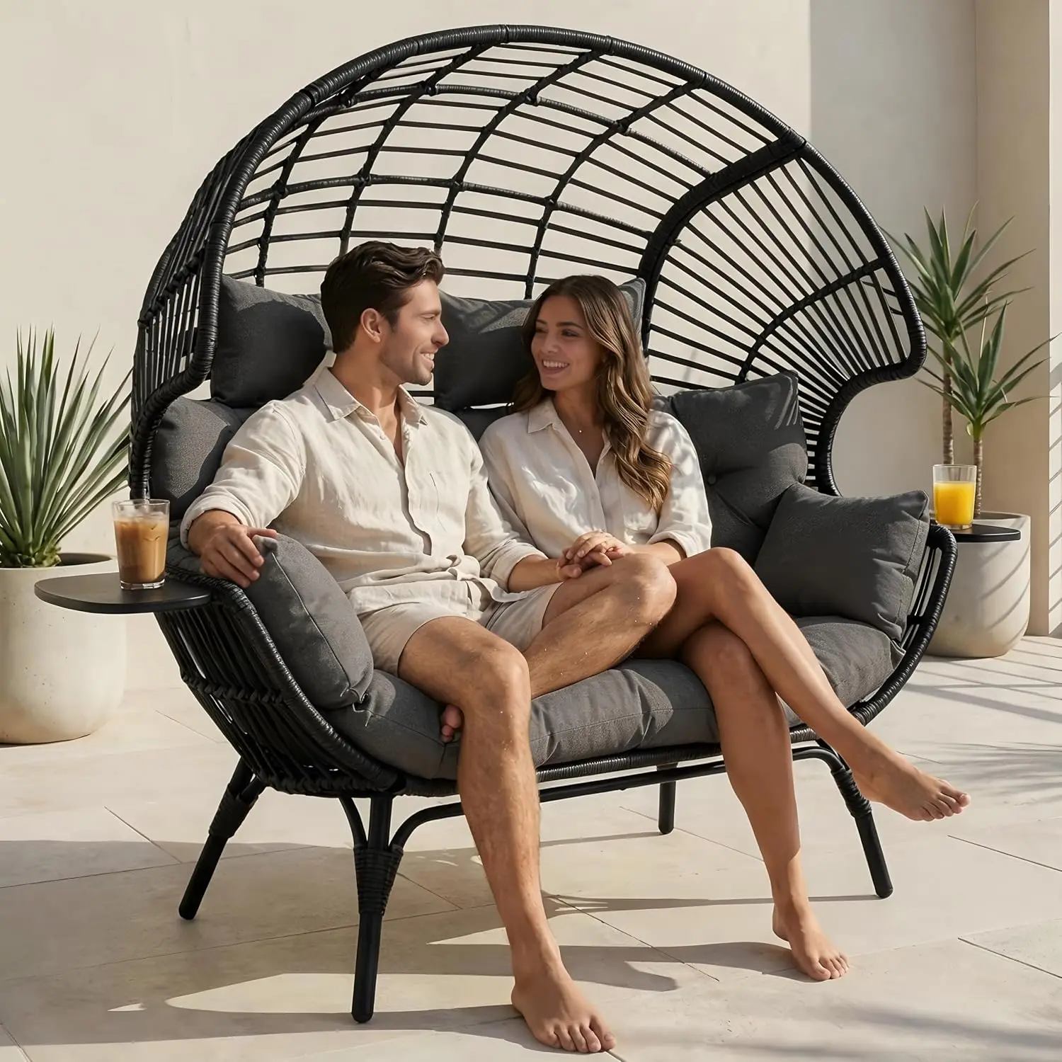 Double Egg Chair for 2, Outdoor Indoor Wicker Loveseat with Cup Holder & Rain Cover, 700 lbs Capacity, All Weather Patio Swing
