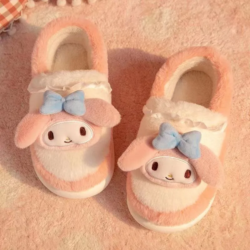 Hairy cartoon slippers for women in winter, plush anti slip cotton slippers for girls, flat shoes