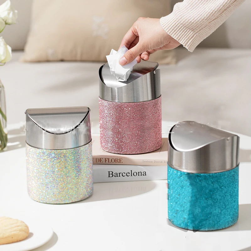 Bling Diamond Trash Can Mini Stainless Steel Desktop Waste paper basket A swinging lid Desktop Cleaning Organizer Garbage Bin