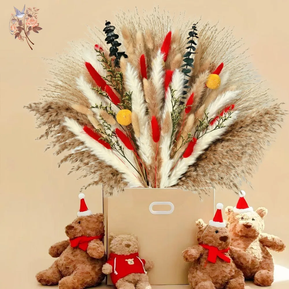 

Натуральный сушеный зеленый эвкалипт, красная пампасная трава, букет смешанных цветов, 75 шт., наборы, рождественские праздничные подарки, украшения для дома и вечеринки