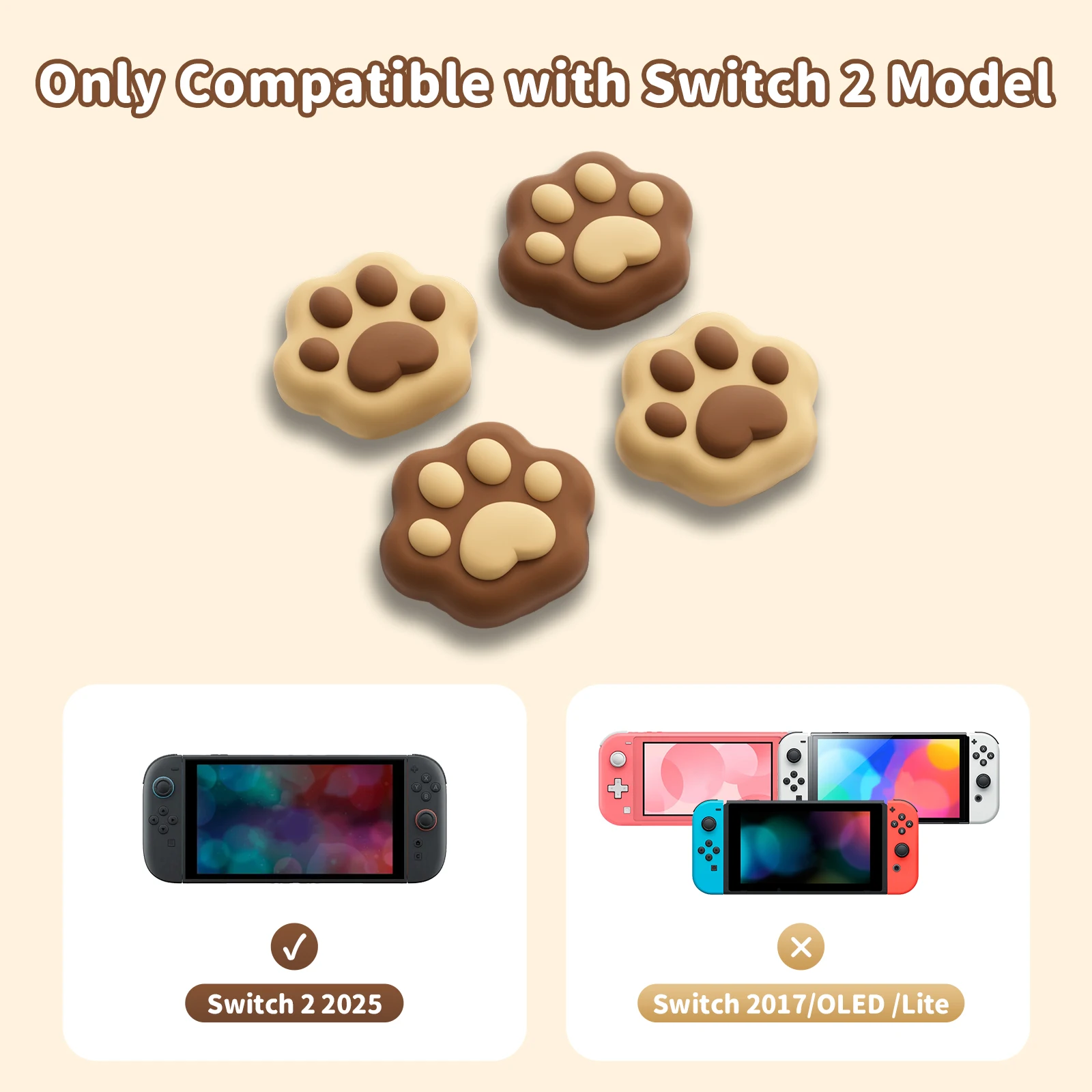 GeekShare Cat Paw Joystick Caps Compatible with Switch 2, Anti-Slip Silicone Thumb Grip Caps for Switch 2025, Milk Tea Brown