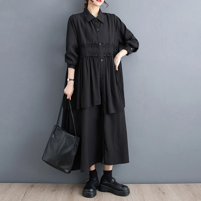 

Elegant Black Asymmetric Shirt Dress for Women Autumn Long Sleeve Casual Split Joint Lace Ruffles A-line Lady Dresses Feminino