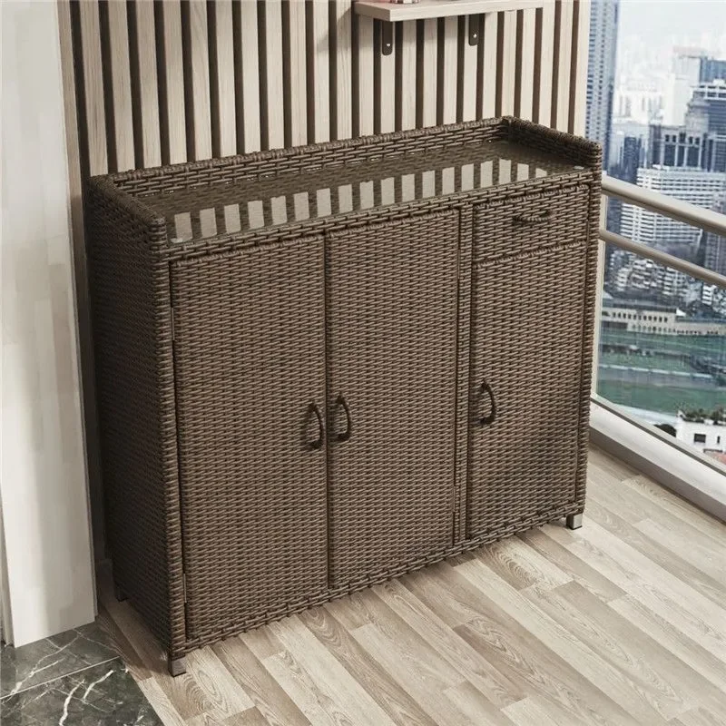 Outdoor Rattan Shoe Cabinet Waterproof Sunscreen Storage for Balcony Villa Entryway Large Capacity Home Door Organizer