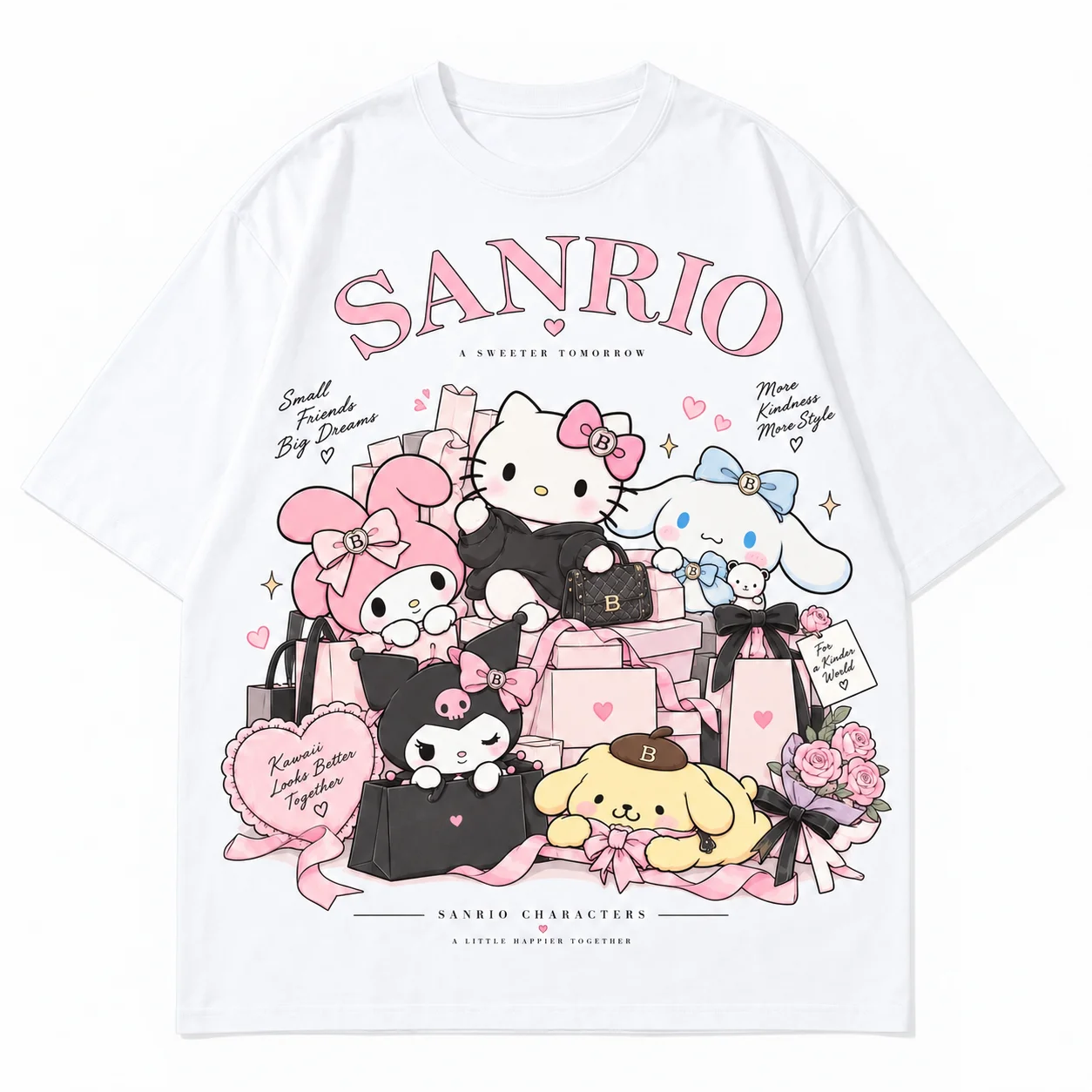 Sanrio Hello Kitty Good Friends Parent Child Graffiti Print T Shirt Men's Women's White Kawaii Cute Streetwear Short Sleeve Top