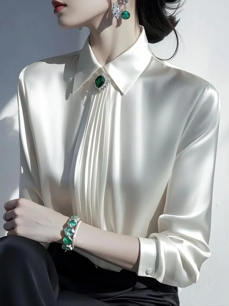 بلوزات الحرير الساتان المرأة طويلة الأكمام بلوزات غير رسمية الخريف الربيع مكتب سيدة لباس غير رسمي البلوزات حجم كبير