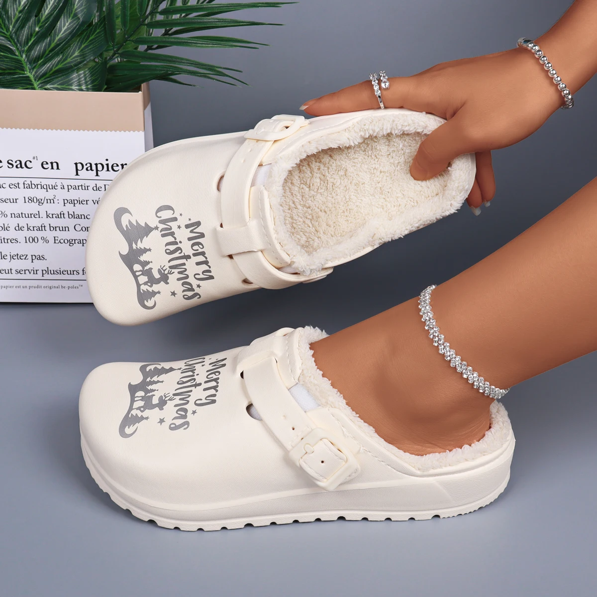 

Women's Winter Plush Slippers, Comfortable One-Step Closure, Adjustable Buckle, Cute Snowman Christmas Print EVA Sole