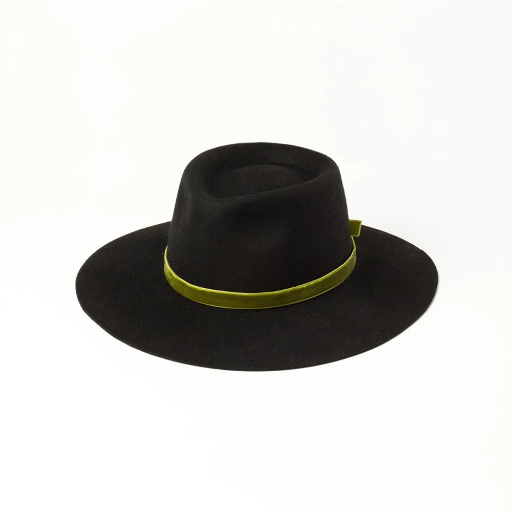 

100% Wool Felt Fedora Hat Wide Brim With Velvet Ribbon