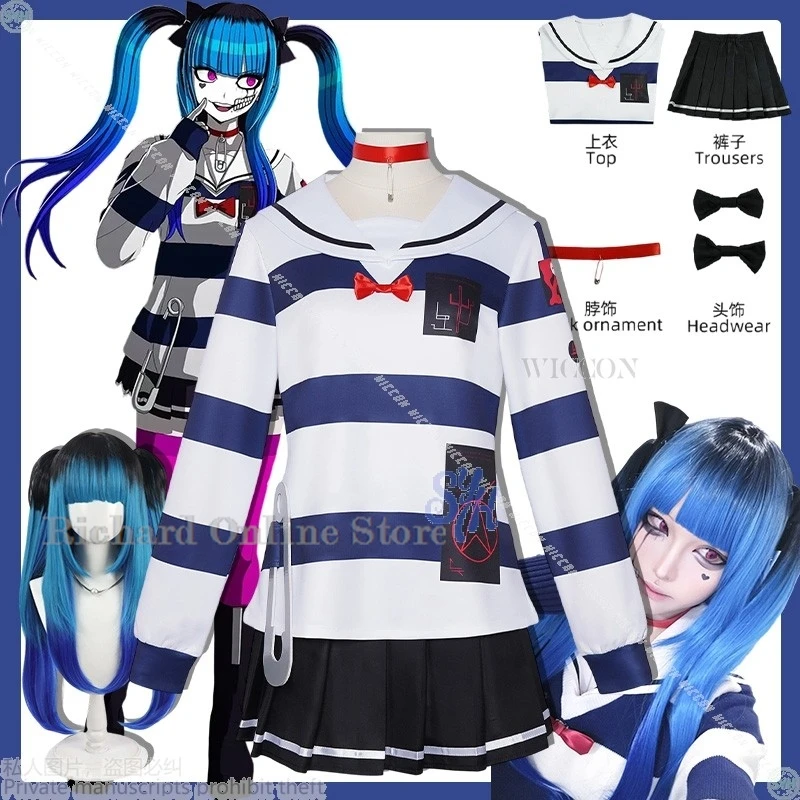 

Halloween Dress up Anime Game Hundred Cos Line Jirai Kei Girls Amemiya Darumi Cosplay Costume Striped disfraz adulto