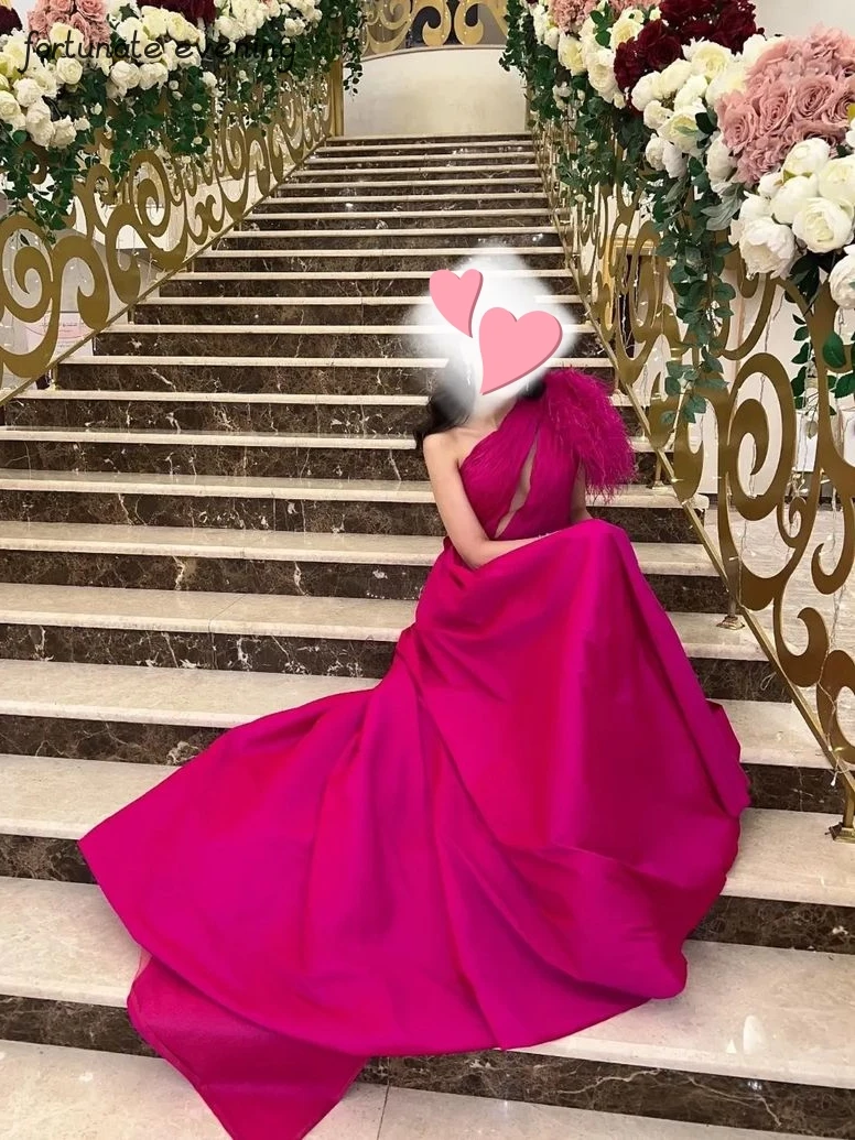 

Fortunate Evening Elegant Vintage Sexy Pink Red Feather Ruffle One Shoulder Formal Occasion Prom Dress Evening Party Gowns