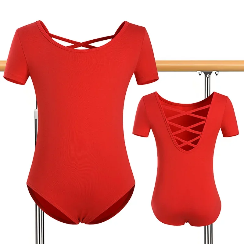 Girls Team Basic Short Sleeve Ballet Dance Leotards for girl Gymnastics Dance Tops with Cross Straps Back and Soft Lining