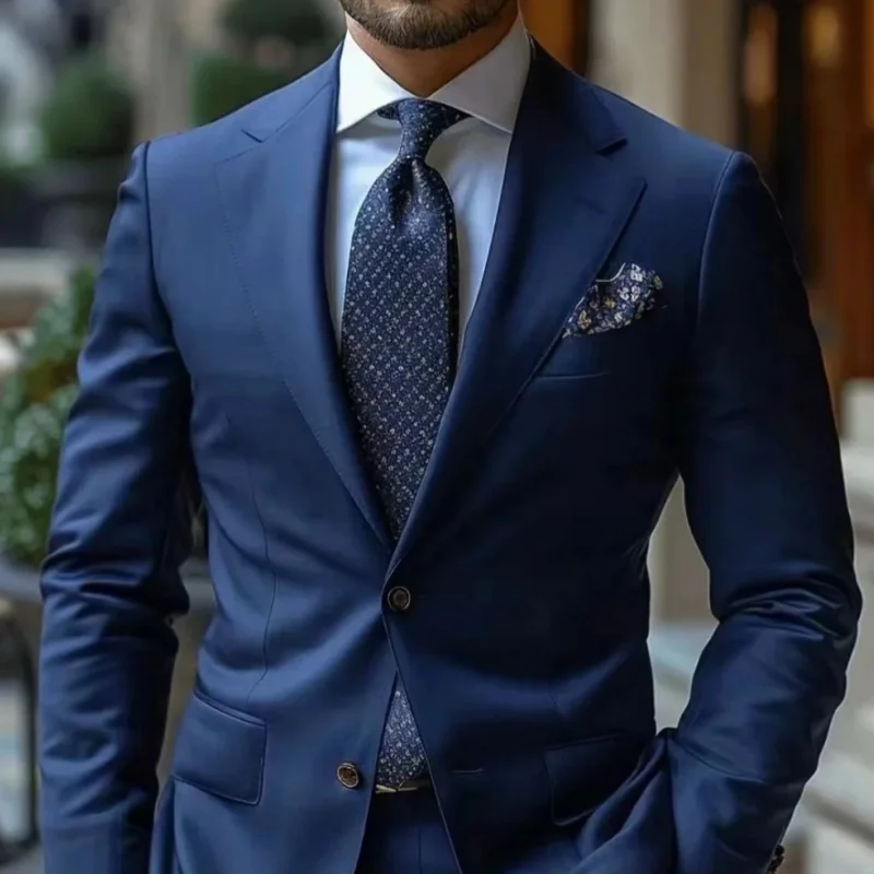 Navy Blue Men's Two-Piece Suit Wedding & Business Single-Breasted Slim-Fit Formal Jacket & Trousers Elegant Men's Blazer