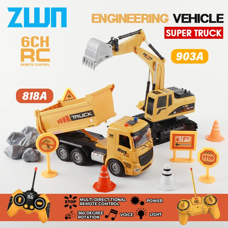 ZWN Remote Control Excavator and Dump Truck RC Model Car Toy Professional  Simulation Construction Vehicle Best Gift for Kids