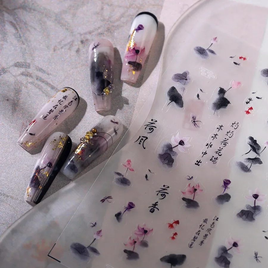 Ancient Chinese Wash Painting Lotus Flowers Goldfish Koi Lily Rose Daisy Retro Peony Rhinestone Nail Art Stickers Manicure Decal