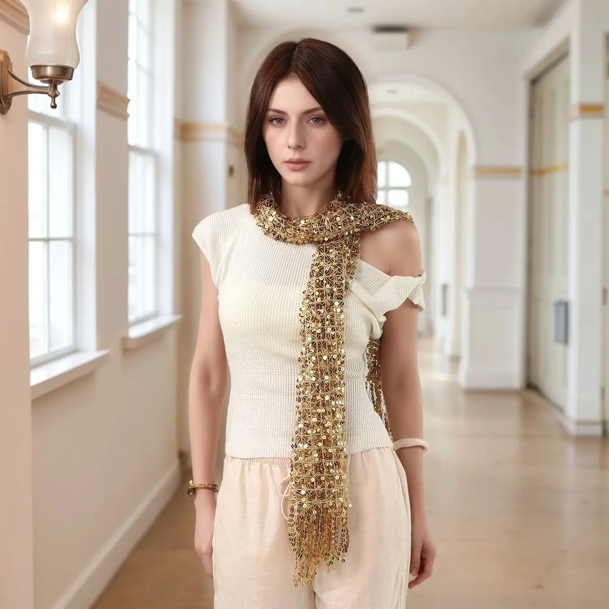 European and American Feng Shui-soluble Sequin Embroidered Tassel Shawl Women's Party Evening Dress Dinner Stage Shawl Scarf