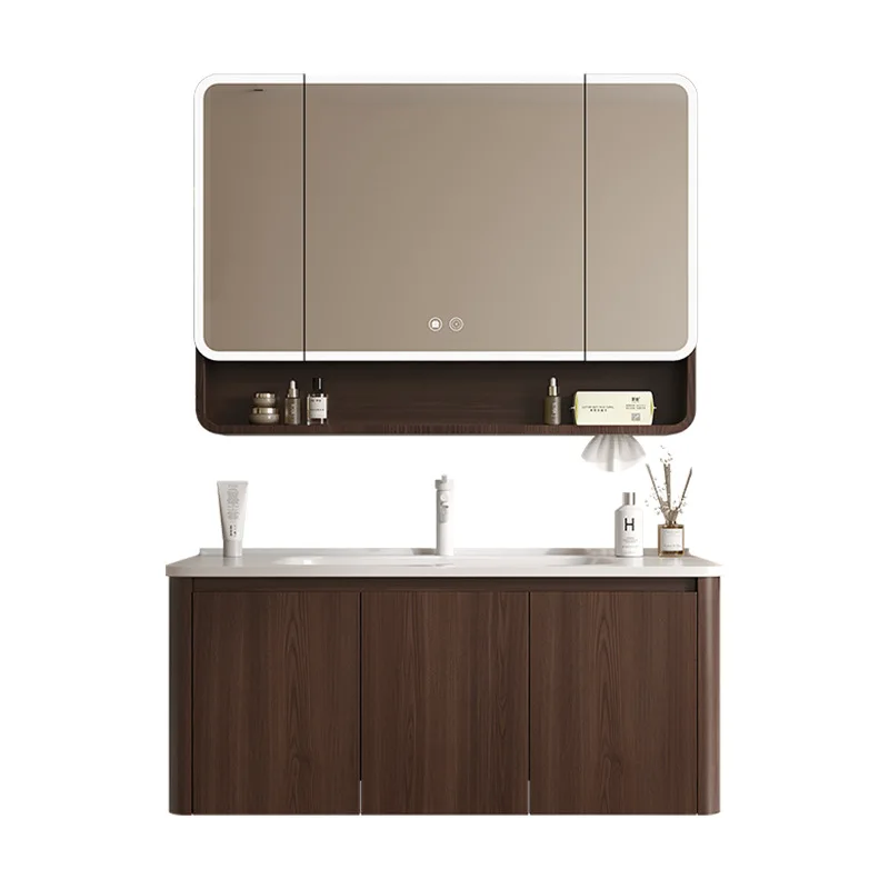 Walnut honeycomb aluminum bathroom cabinet ceramic integrated basin arc rounded corner wash basin cabinet combination