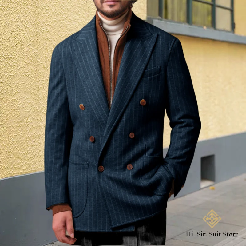 

Double-breasted Men's OverCoat Peak Lapels Tailored Suit Fall/Winter Business Wear Slim-fit British-style Casual Suit 2 pcs Set