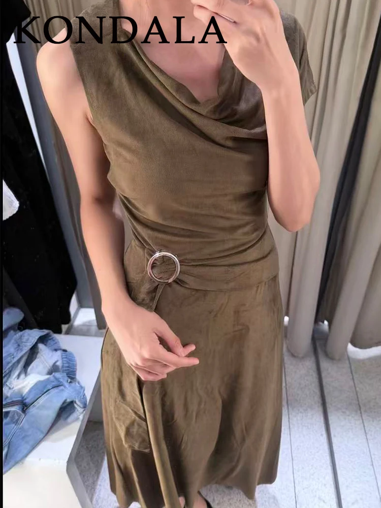 KONDALA 2025 الخريف الجلد المدبوغ الجيش الأخضر النساء فساتين غير المتماثلة أكمام فستان طويل غير المتماثلة مطوي موضة فساتين الإناث