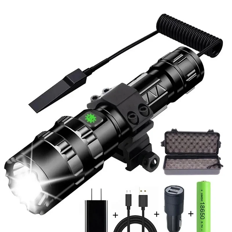 

LED Tactical Hunting Flashlight USB Rechargeable Waterproof Torch Lamp Professional Shooting Night Scout Lights Set