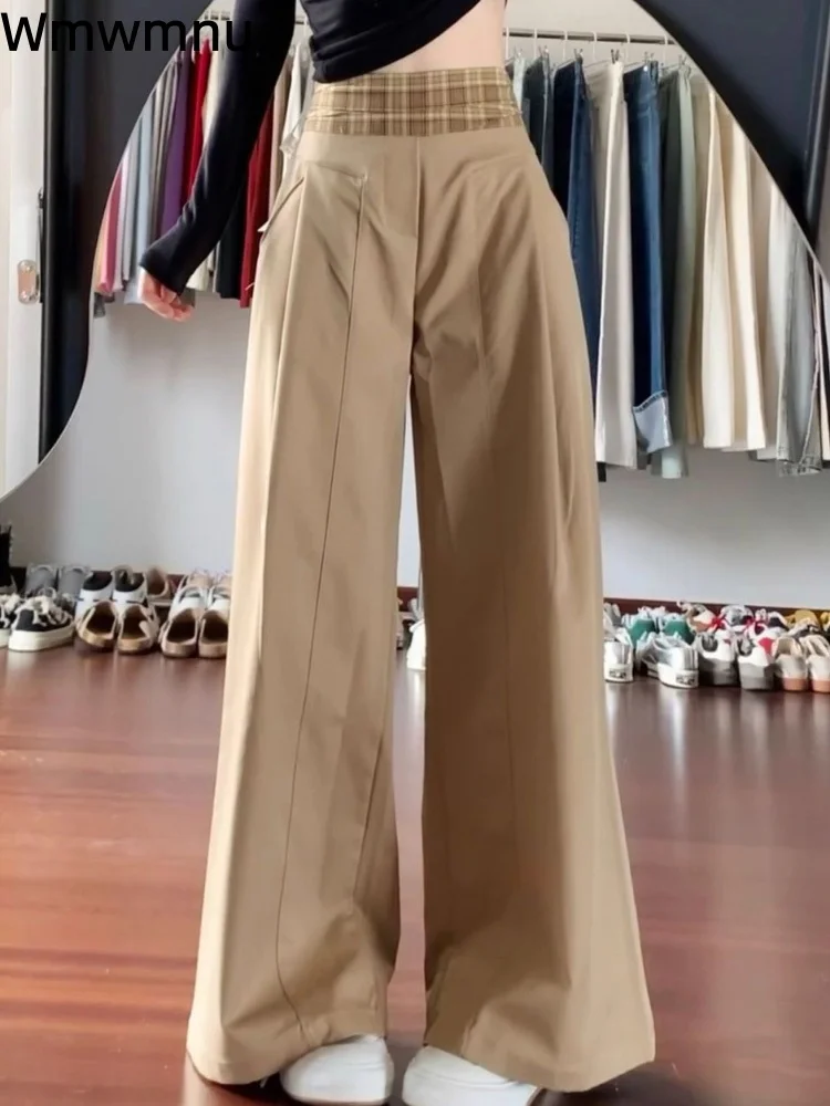 Plaid Splicing Wide Leg Pants Women's Casual High Waisted Baggy Pantalones Fashion Straight Loose Patchwork Trousers Spodnie