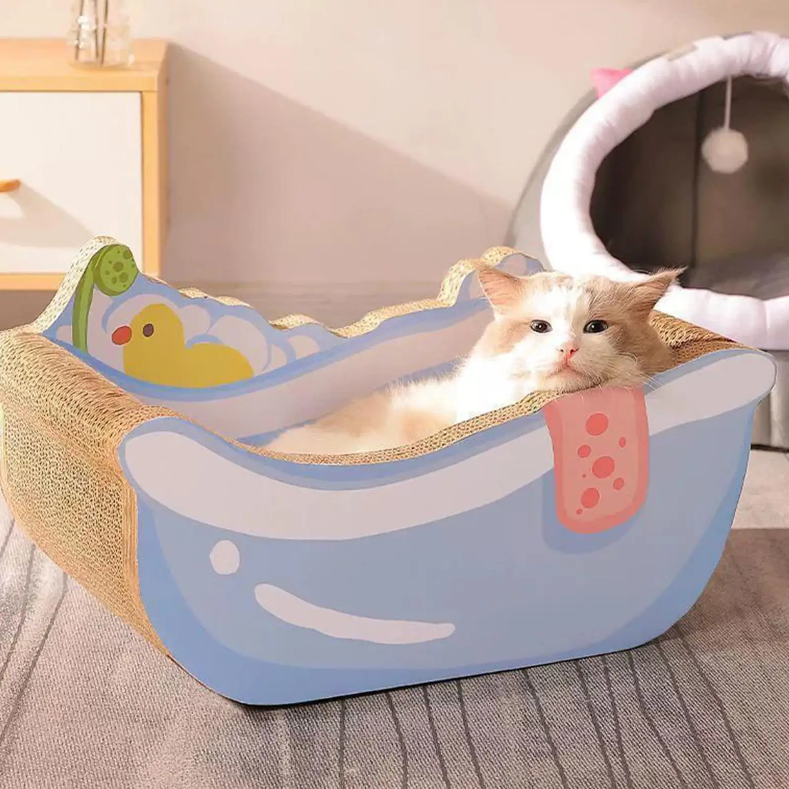 猫用ベッド 小型バスタブ型巣 爪とぎ付き 段ボール製 可愛い子猫・子犬・小型犬用ペットベッド ホームデコレーション リビング用
