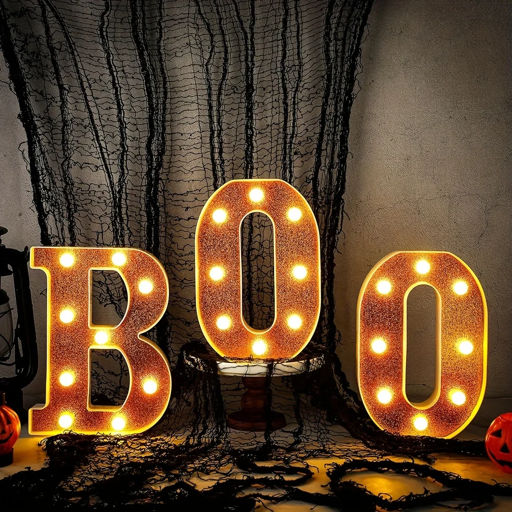 

3 шт., товары для Хэллоуина, украшения Boo, светодиодные буквы [Boo], огни на Хэллоуин, декор, уличный домашний комнат, кухня, камин