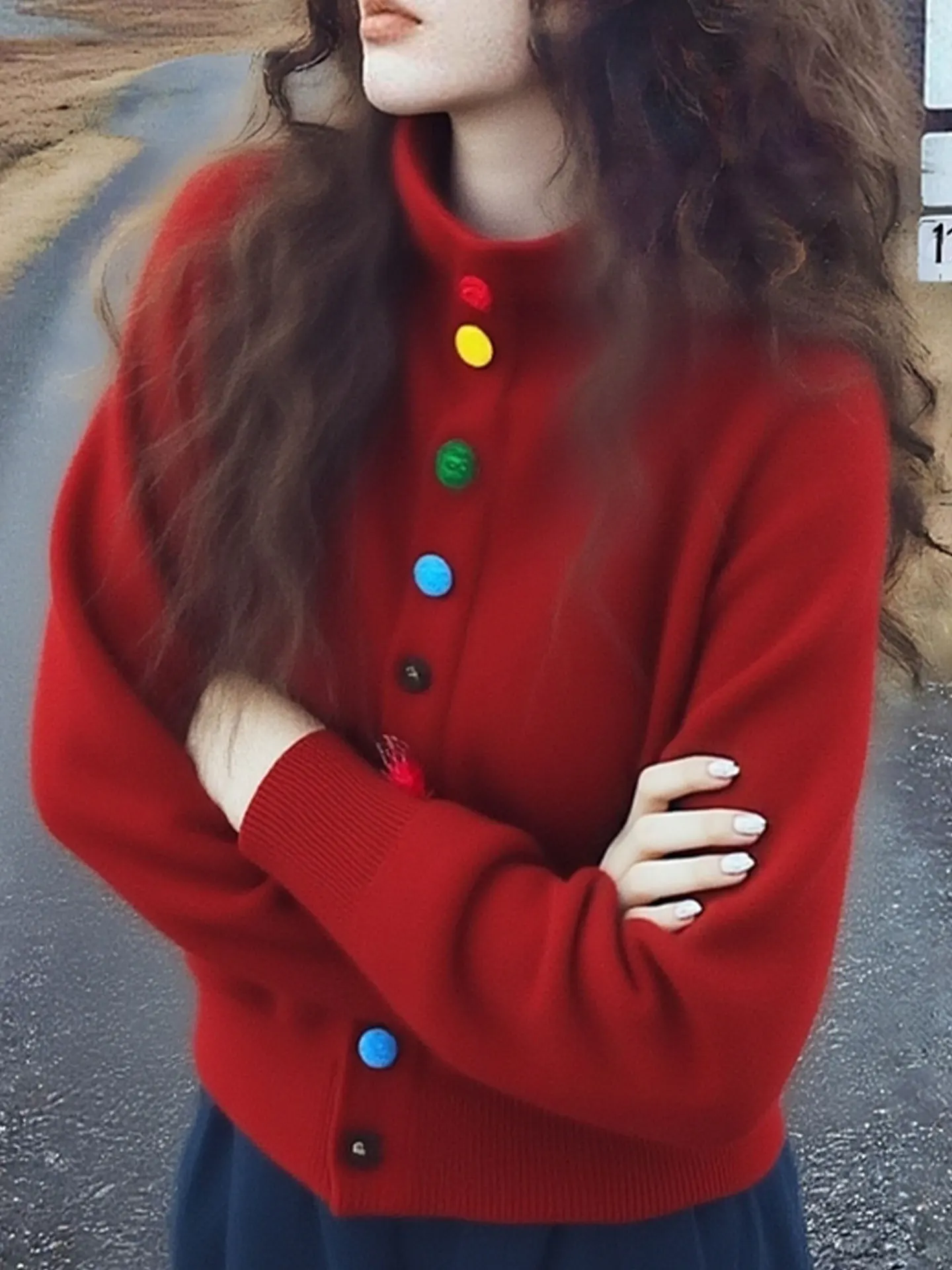 Cardigan long en tricot ouvert à col montant et à bouton unique Cisas Red Korean Sle, couleur rouge cerise, pour l'hiver