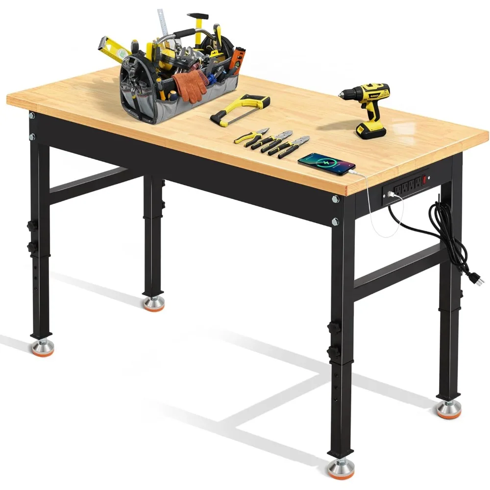 

48'' Adjustable Workbench,Heavy Duty Workstation with Rubber Wood Top, 2000 LBS Load Capacity Hardwood Garage Worktable