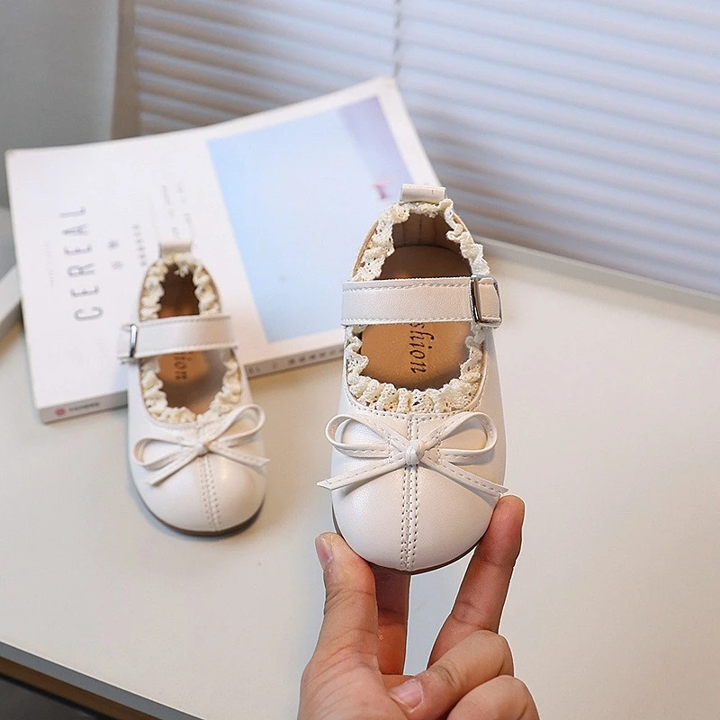 

Spring Autumn Little Girls Ballet Shoes New Sweet Ruffled Edge Kids Leather Shoes Princess Fashion Bowknot Children's Flat Shoes