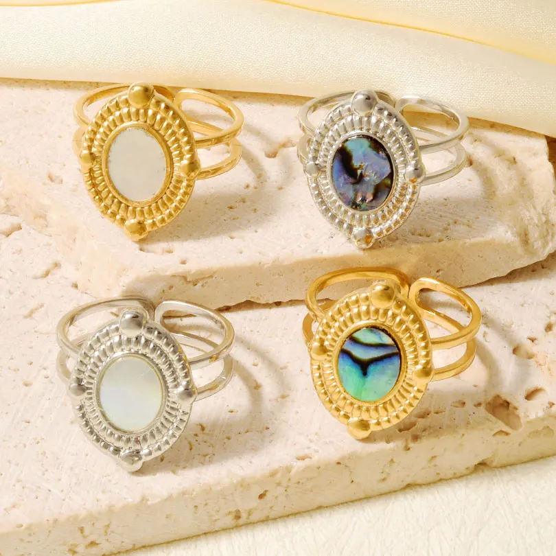 خمر جولة البيضاوي مربع أذن البحر الطبيعية قذيفة الدائري الفولاذ المقاوم للصدأ مفتوحة قابل للتعديل خواتم الاصبع مجوهرات هدايا للنساء الفتيات #3