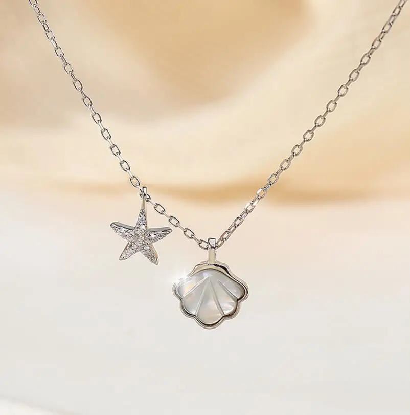 925 Sterling Silver Starfish Shell Pendant Necklace For Women Micro-Inlaid Shiny Zircon Clavicle Chain Party Jewelry Gift