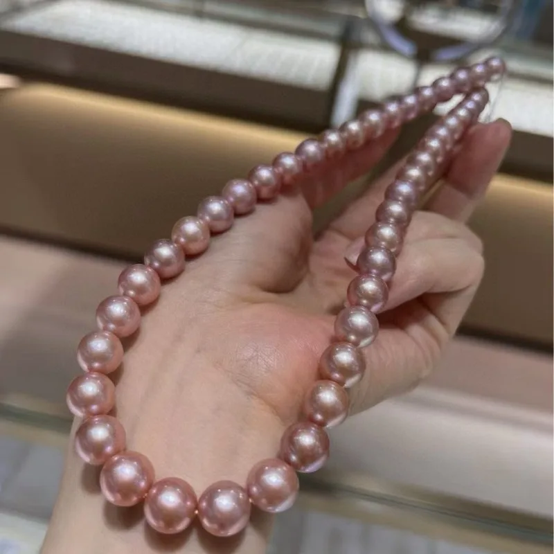 

Natural Edison Purple Pink Pearl Necklace 10-12mm Near Perfect Round Strong Light Slight Flaws