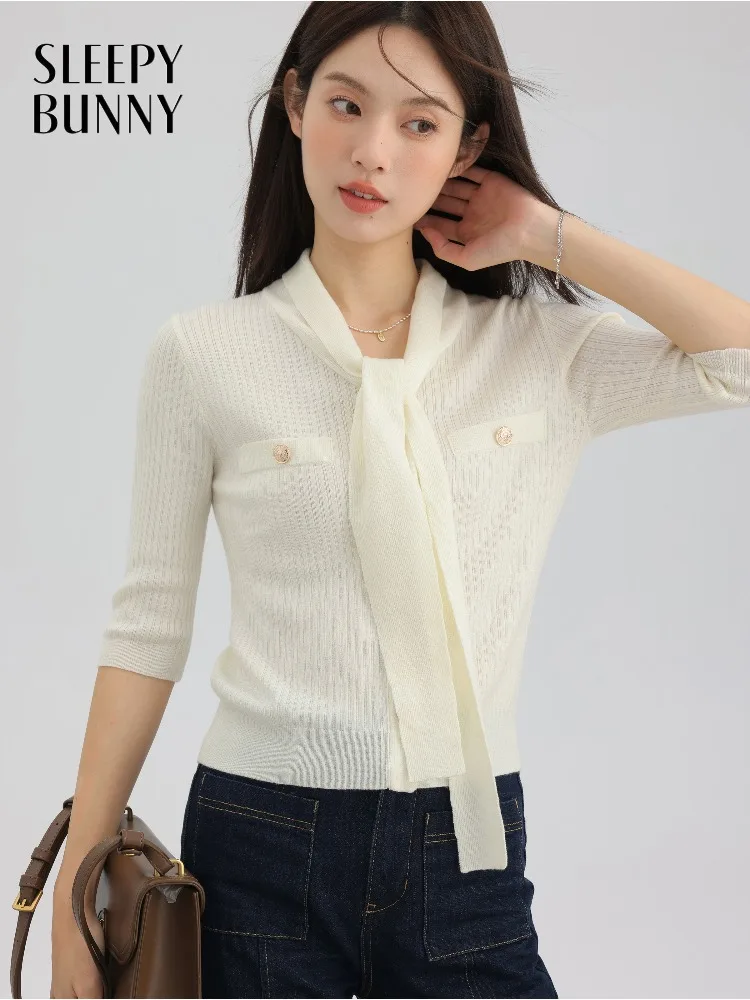 

Elegant Knit Top Women Sweater Sweet French Style Bow Tie Blouse with Stretchy Fabric 3/4 Sleeve Design for Spring Fall Outfits
